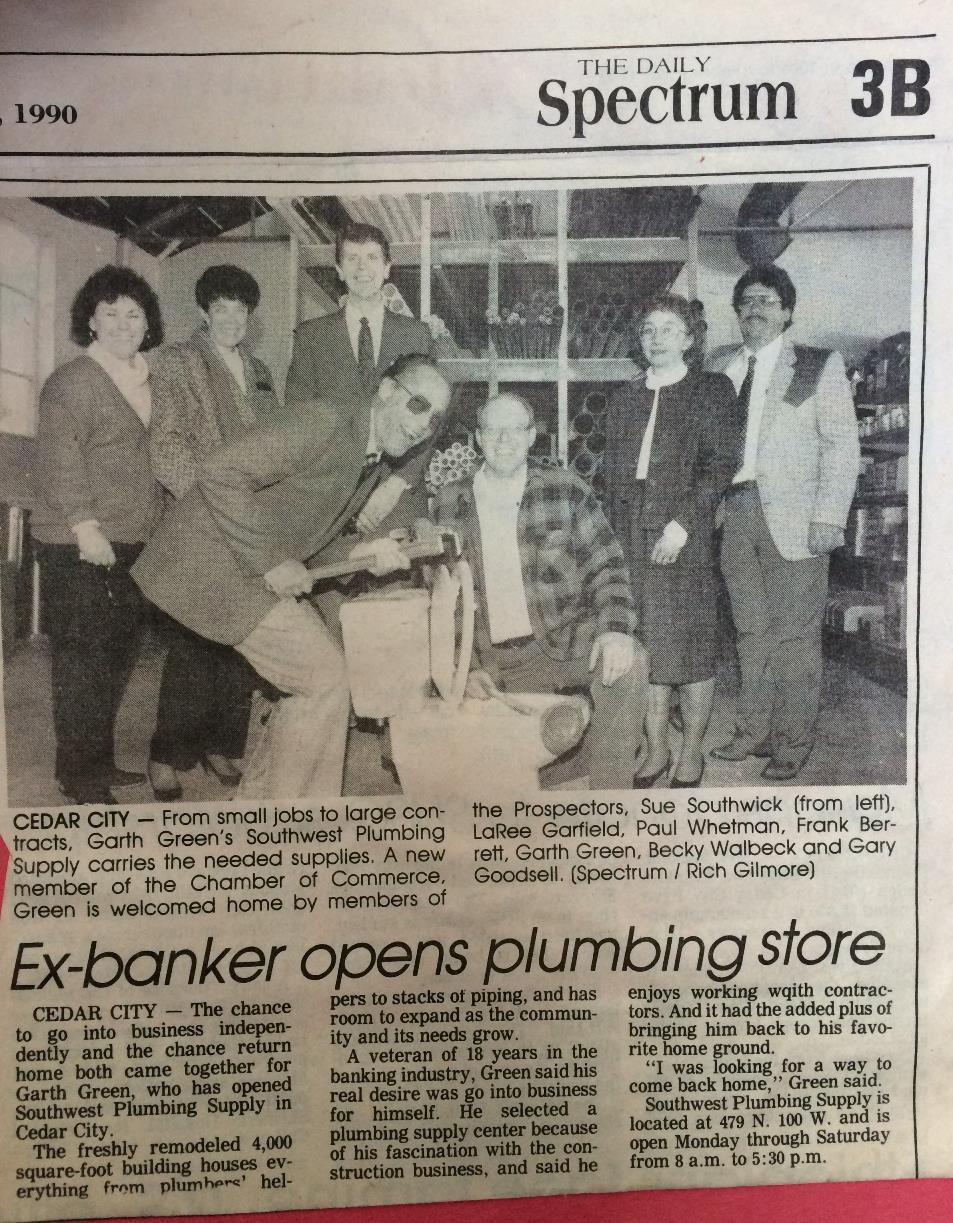Newspaper article about Garth opening plumbing supply